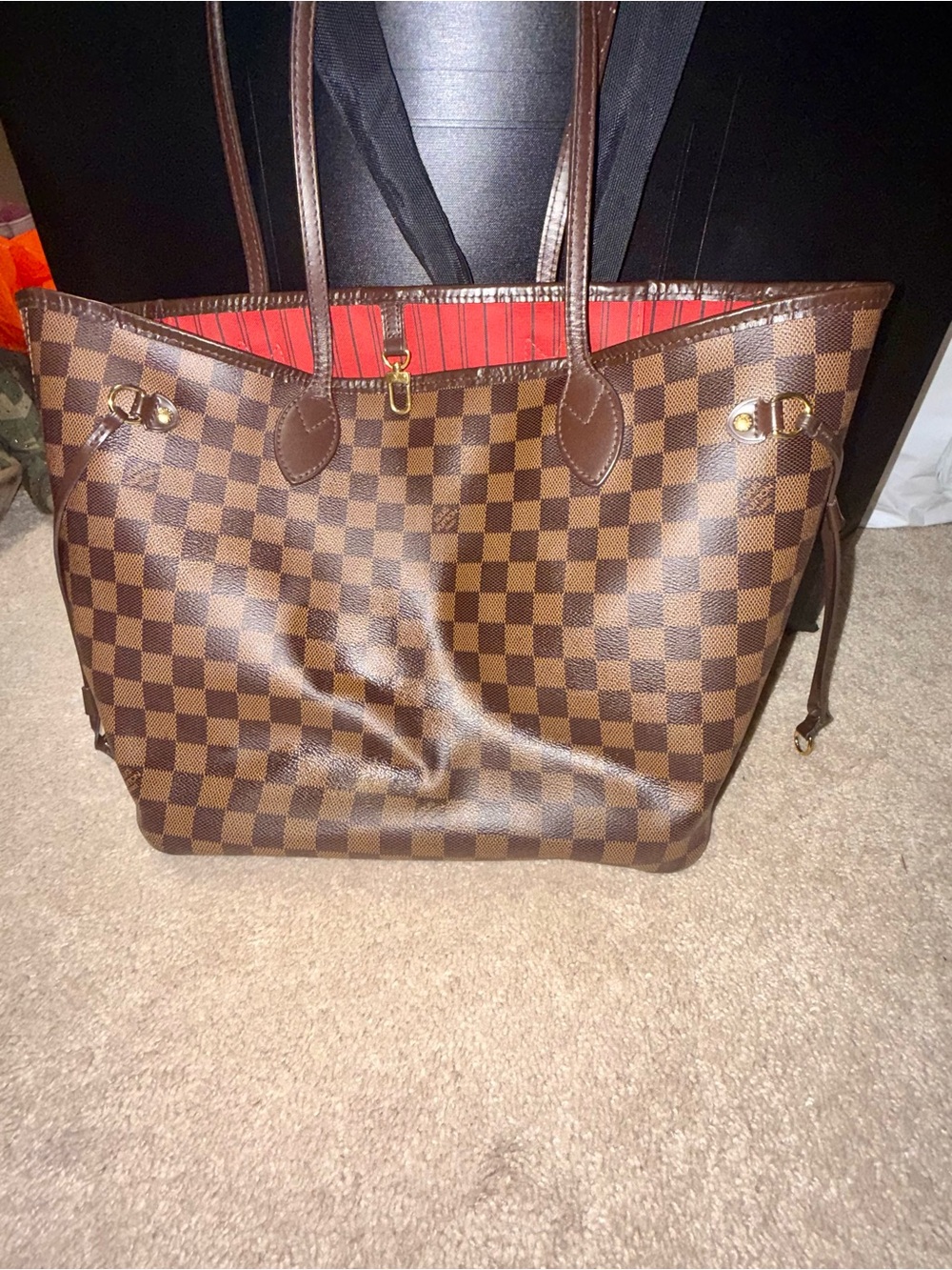 Louis Vuitton Brown Damier Ebene canvas Tote with Red Interior Neverfull MM